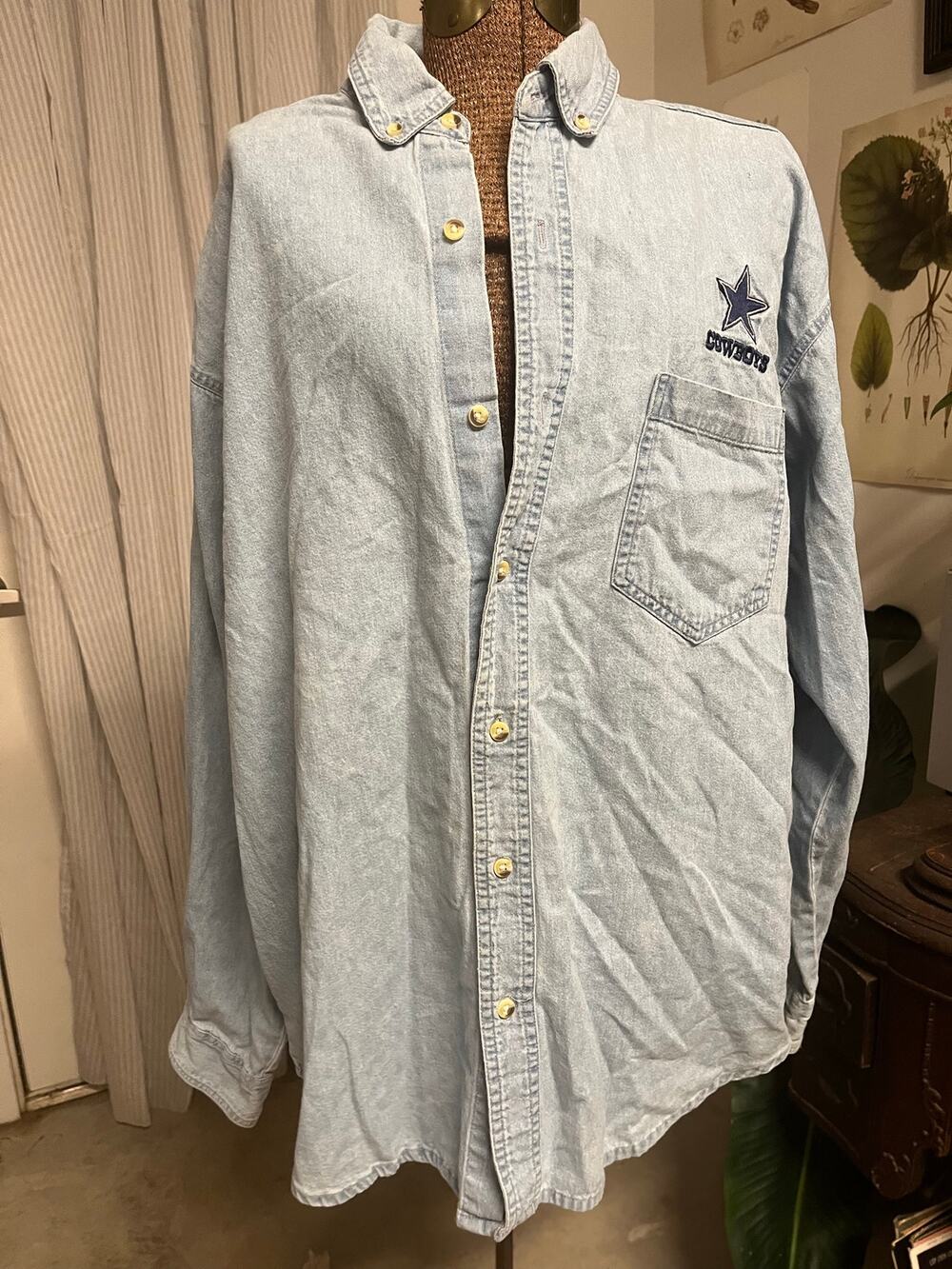 Vintage Dallas Cowboys True Fan Denim Shirt Light Wash Embroidered Star Large
